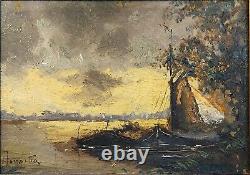 Painting Oil Painting On Wood Landscape Boat Sunset XIX