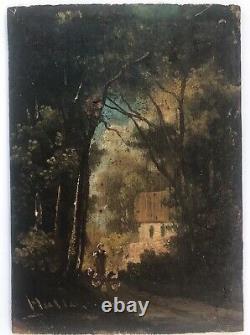 Painting Oil Panel Ancient Landscape Character House 19th Century