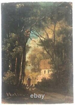 Painting Oil Panel Ancient Landscape Character House 19th Century