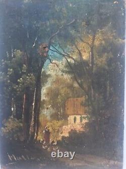 Painting Oil Panel Ancient Landscape Character House 19th Century