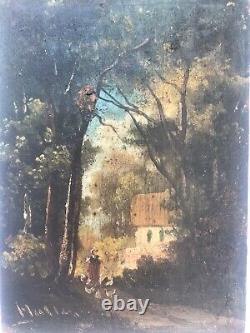 Painting Oil Panel Ancient Landscape Character House 19th Century