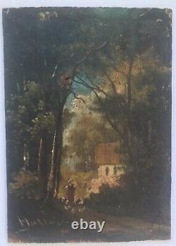 Painting Oil Panel Ancient Landscape Character House 19th Century