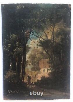 Painting Oil Panel Ancient Landscape Character House 19th Century