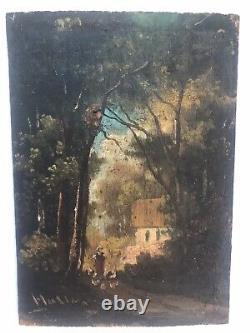 Painting Oil Panel Ancient Landscape Character House 19th Century