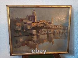 Painting. Oil on Wood. Lakeside/Fluvial Village Landscape. Early 20th Century. To be Identified.