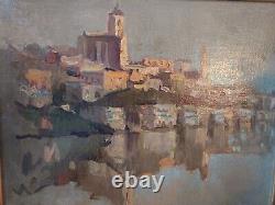 Painting. Oil on Wood. Lakeside/Fluvial Village Landscape. Early 20th Century. To be Identified.