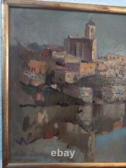 Painting. Oil on Wood. Lakeside/Fluvial Village Landscape. Early 20th Century. To be Identified.