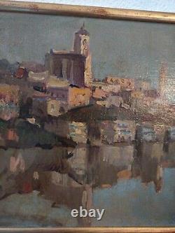 Painting. Oil on Wood. Lakeside/Fluvial Village Landscape. Early 20th Century. To be Identified.