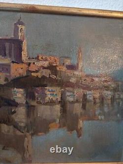 Painting. Oil on Wood. Lakeside/Fluvial Village Landscape. Early 20th Century. To be Identified.
