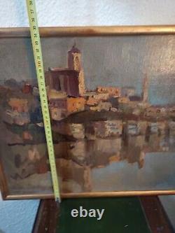 Painting. Oil on Wood. Lakeside/Fluvial Village Landscape. Early 20th Century. To be Identified.
