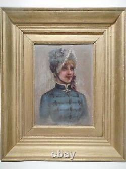 Painting Old Painting 19 Century Portrait Bust Young Woman Suit Hat