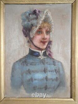 Painting Old Painting 19 Century Portrait Bust Young Woman Suit Hat