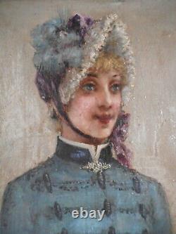 Painting Old Painting 19 Century Portrait Bust Young Woman Suit Hat