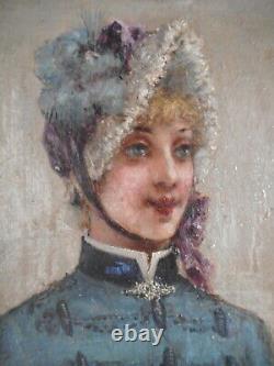 Painting Old Painting 19 Century Portrait Bust Young Woman Suit Hat