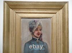 Painting Old Painting 19 Century Portrait Bust Young Woman Suit Hat