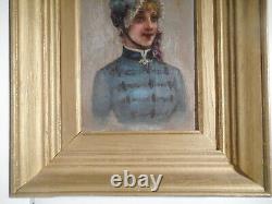 Painting Old Painting 19 Century Portrait Bust Young Woman Suit Hat