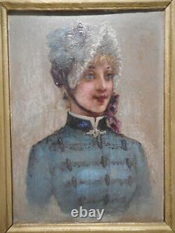 Painting Old Painting 19 Century Portrait Bust Young Woman Suit Hat