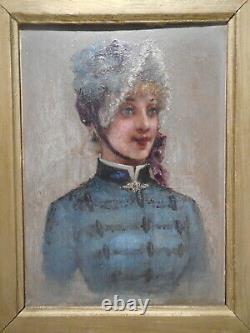 Painting Old Painting 19 Century Portrait Bust Young Woman Suit Hat