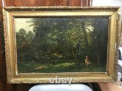 Painting Painting Barbizon Oil 19th Signed Royer, Child Playing With The Hens