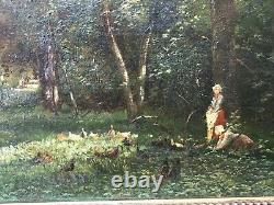 Painting Painting Barbizon Oil 19th Signed Royer, Child Playing With The Hens