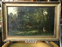 Painting Painting Barbizon Oil 19th Signed Royer, Child Playing With The Hens