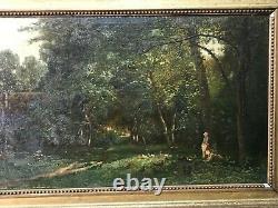 Painting Painting Barbizon Oil 19th Signed Royer, Child Playing With The Hens