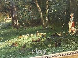 Painting Painting Barbizon Oil 19th Signed Royer, Child Playing With The Hens