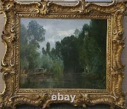 Painting Painting Landscape Berthelon Edge Lake Boat Wood French Forest 19th