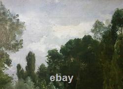 Painting Painting Landscape Berthelon Edge Lake Boat Wood French Forest 19th