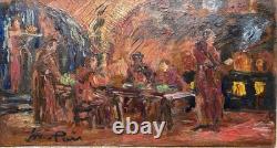Painting Panel 20th Century Jean Lair Tavern Scene Rare Old Expressionism