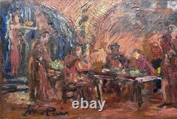 Painting Panel 20th Century Jean Lair Tavern Scene Rare Old Expressionism