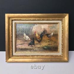 Painting Signed By Louis Dubois, Cock And Hens, Oil On Wooden Panel, 1830/1880