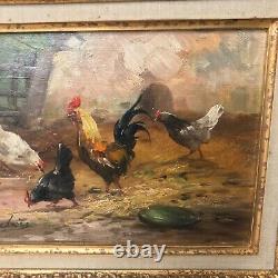 Painting Signed By Louis Dubois, Cock And Hens, Oil On Wooden Panel, 1830/1880