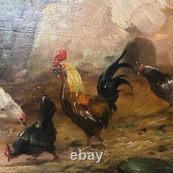 Painting Signed By Louis Dubois, Cock And Hens, Oil On Wooden Panel, 1830/1880