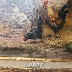 Painting Signed By Louis Dubois, Cock And Hens, Oil On Wooden Panel, 1830/1880