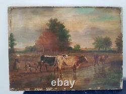 Painting Signed. Table Signed Paysanne And Vaches 19th On Wooden Panel