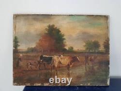 Painting Signed. Table Signed Paysanne And Vaches 19th On Wooden Panel