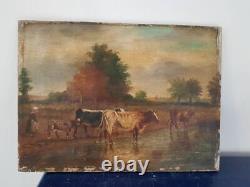 Painting Signed. Table Signed Paysanne And Vaches 19th On Wooden Panel