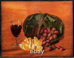 Painting Still Life Orange Strawberries Glass Wine Oil Mahogany Panel 19th Century