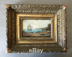 Painting Table Navy Ship Ship, Oil On Wood Xixth Gold Frame