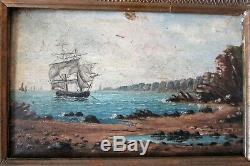 Painting Table Navy Ship Ship, Oil On Wood Xixth Gold Frame