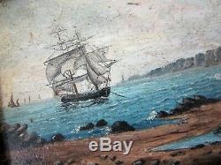 Painting Table Navy Ship Ship, Oil On Wood Xixth Gold Frame