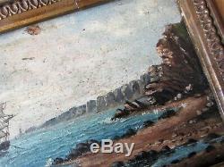 Painting Table Navy Ship Ship, Oil On Wood Xixth Gold Frame