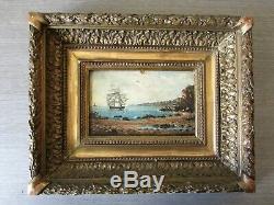 Painting Table Navy Ship Ship, Oil On Wood Xixth Gold Frame