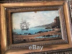 Painting Table Navy Ship Ship, Oil On Wood Xixth Gold Frame