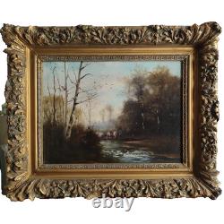 Painting: The stop by the riverbank. Very pretty landscape painted on wood