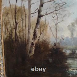 Painting: The stop by the riverbank. Very pretty landscape painted on wood