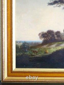 Painting XIX-Barbizon School-Landscape at Sunset & Herd of Cows