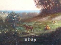 Painting XIX-Barbizon School-Landscape at Sunset & Herd of Cows