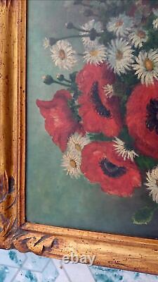Painting flower bouquet on wood with golden wood frame